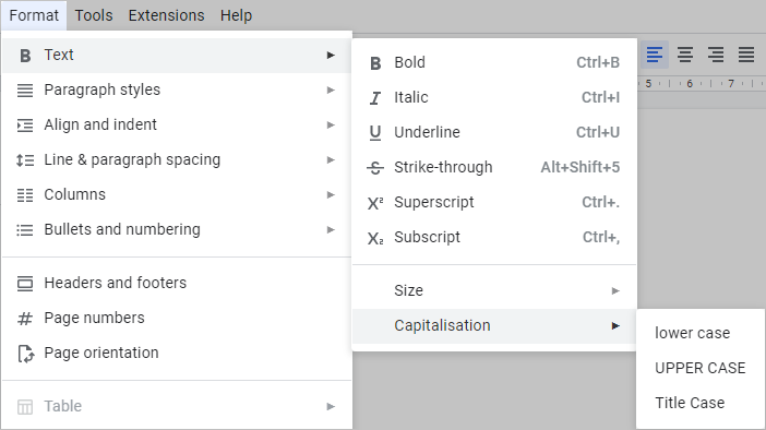 Google Docs capitalization menu.
