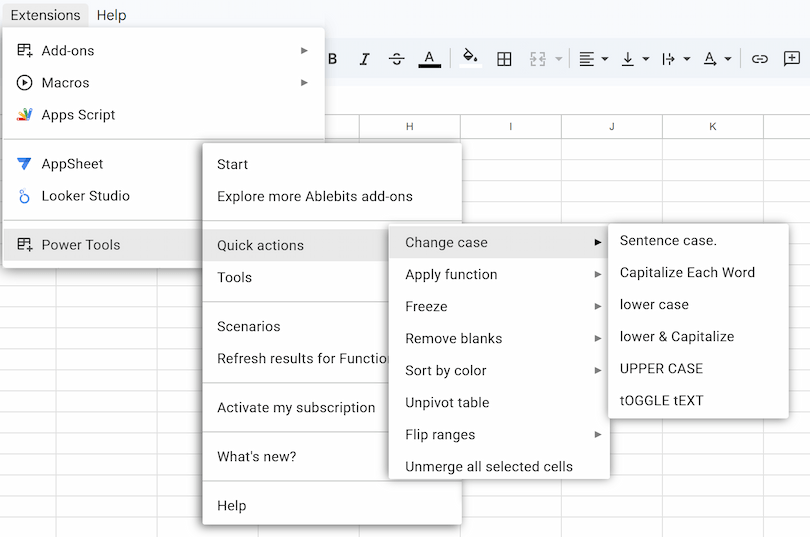 Using Change case in Power Tools for Google Sheets.