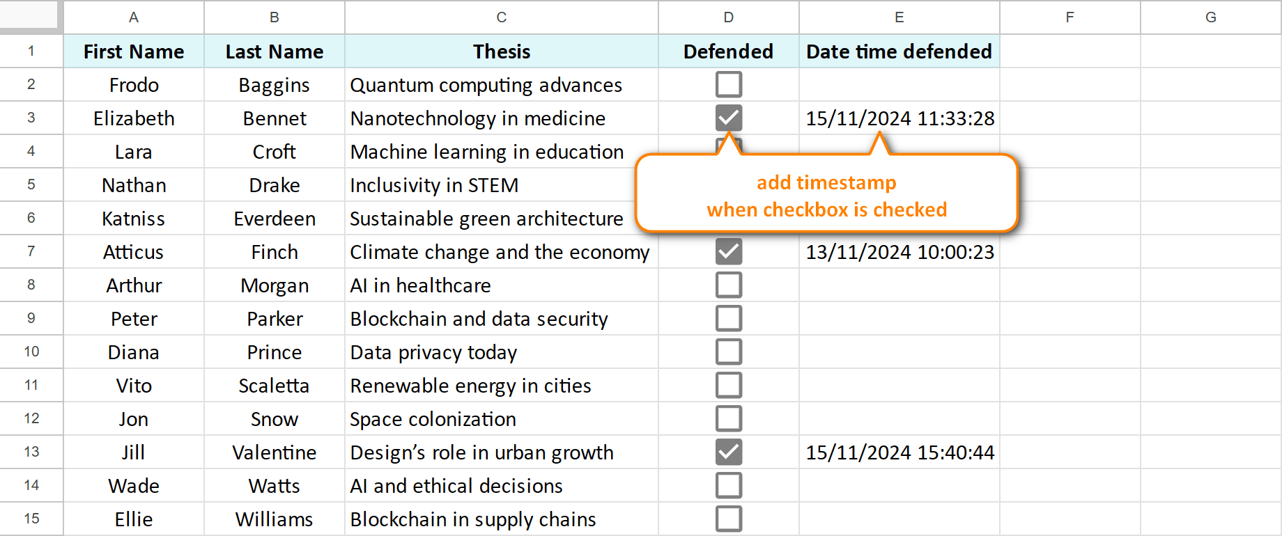 Make Google Sheets timestamp cells when a checkbox is checked.