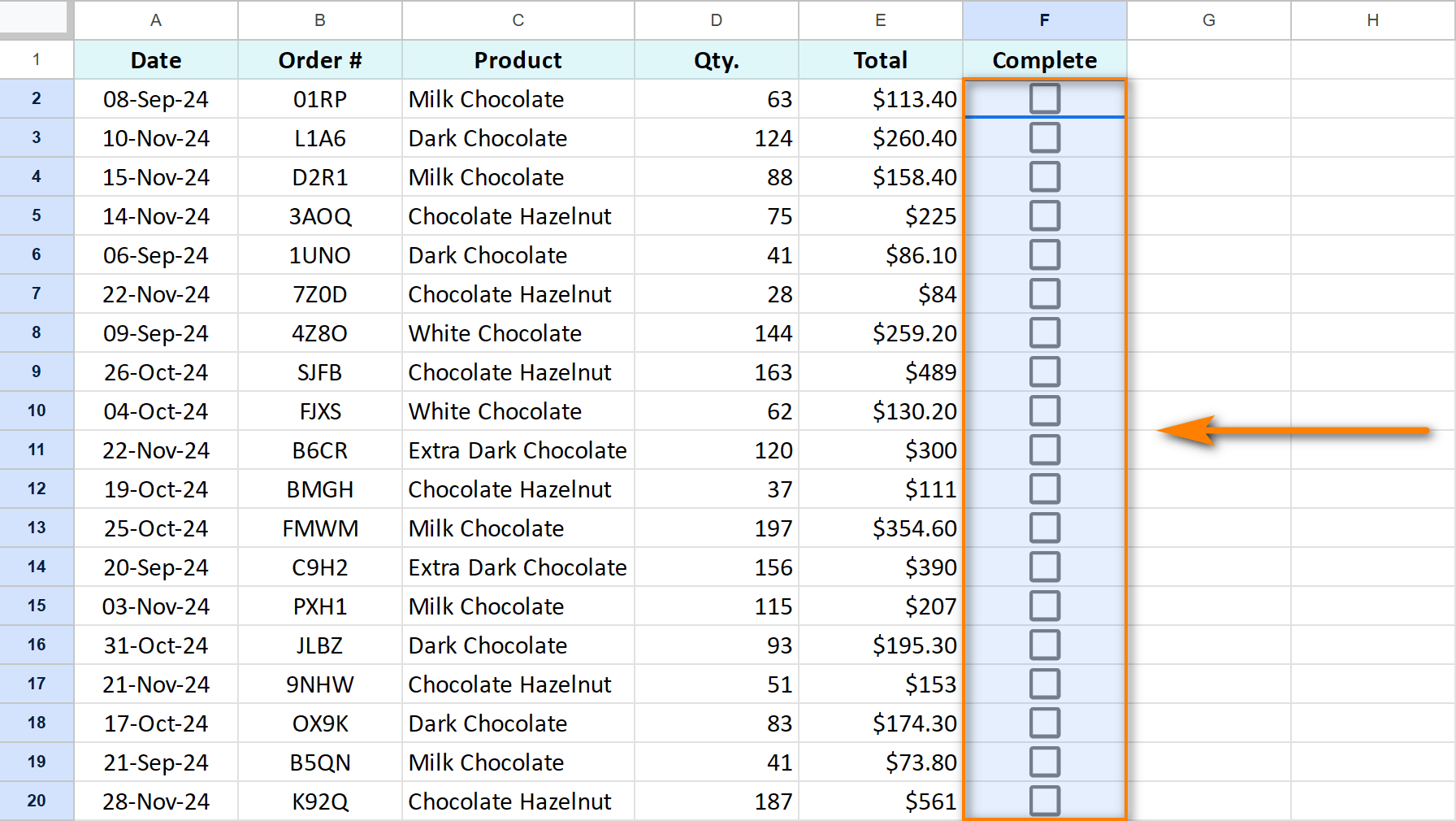 Google Sheets checkboxes in a column.