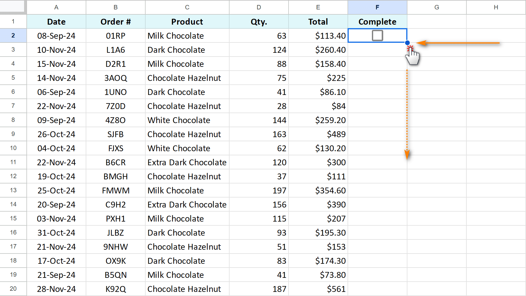 Drag and drop the fill handle to copy checkbox in Google Sheets.