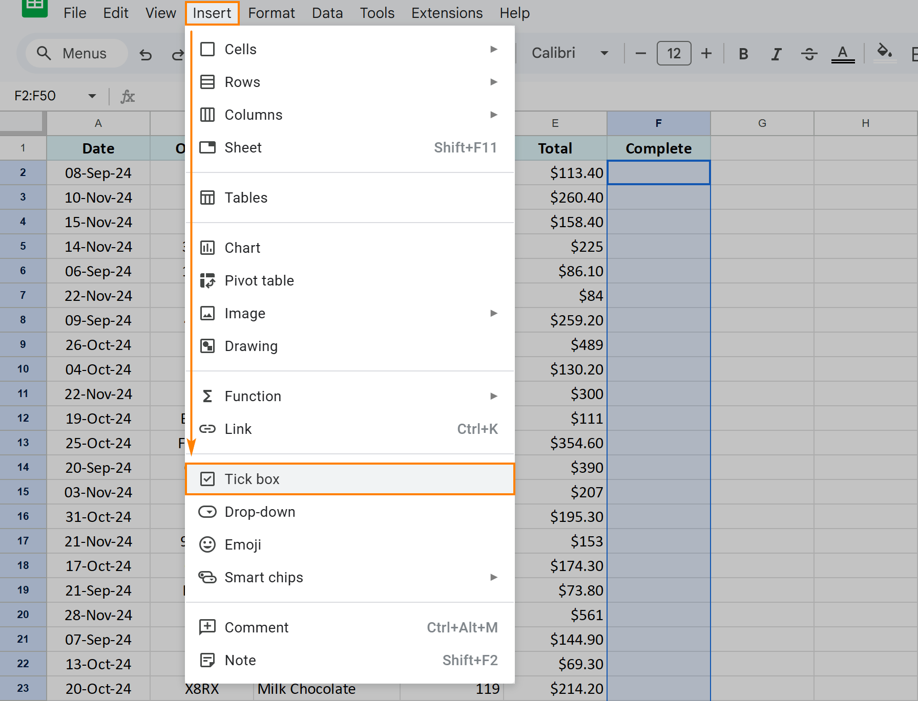 How to add a checkbox in Google Sheets.