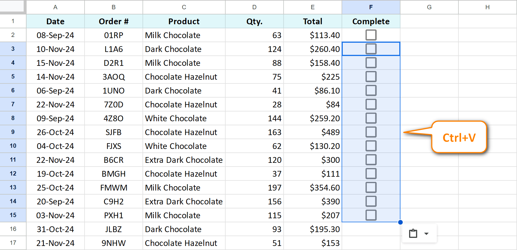 Copy paste checkboxes in Google Sheets.