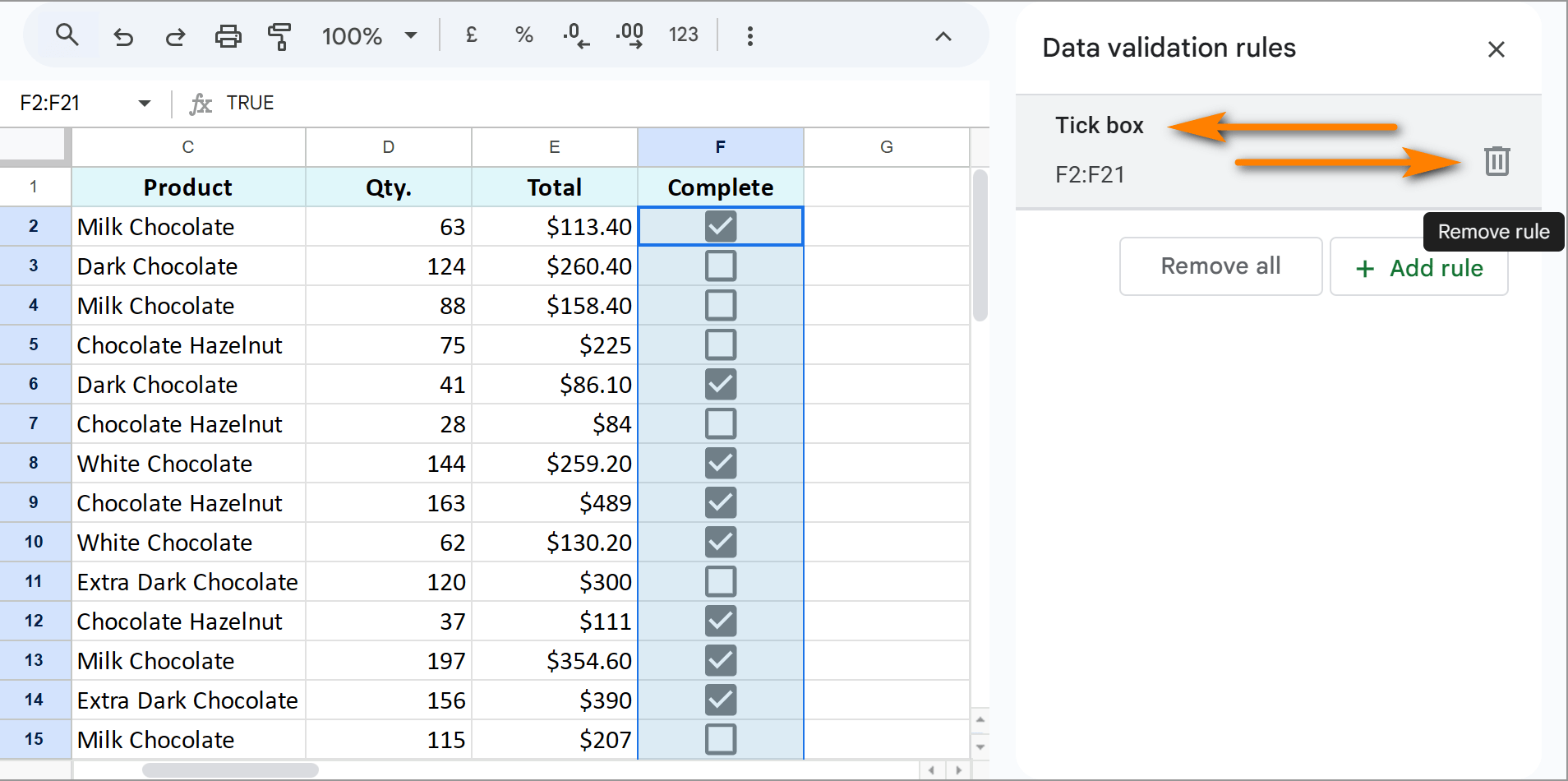 Remove checkboxes from Google Sheets by removing Data validation rules.