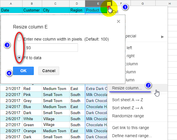 Resize a column using the column drop-down list of options.