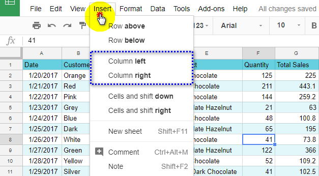 Insert a column from Google Sheets main menu.