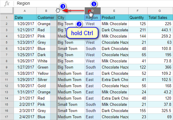 Move merge hide and freeze columns in Google Sheets