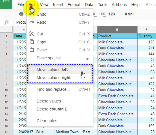 Переместите столбец с помощью меню Google Sheets.