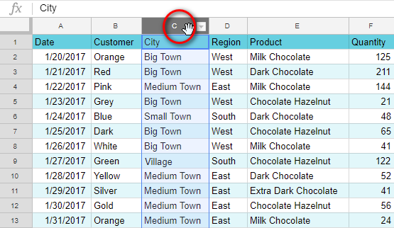 Select one column in Google Sheets.