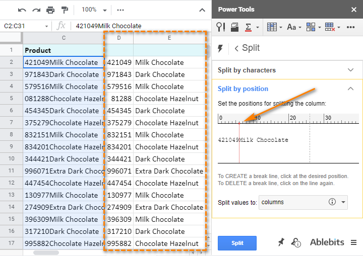 Split cells in Google Sheets to multiple columns and convert them to rows afterwards