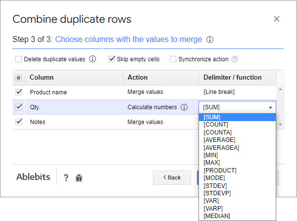 Merge duplicate rows and sum values in Google Sheets