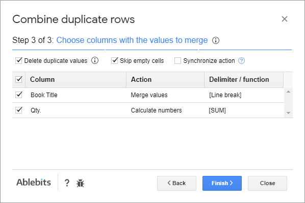 Choose columns with the values to merge.
