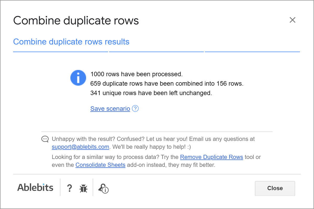 Combine Duplicates Rows result message.