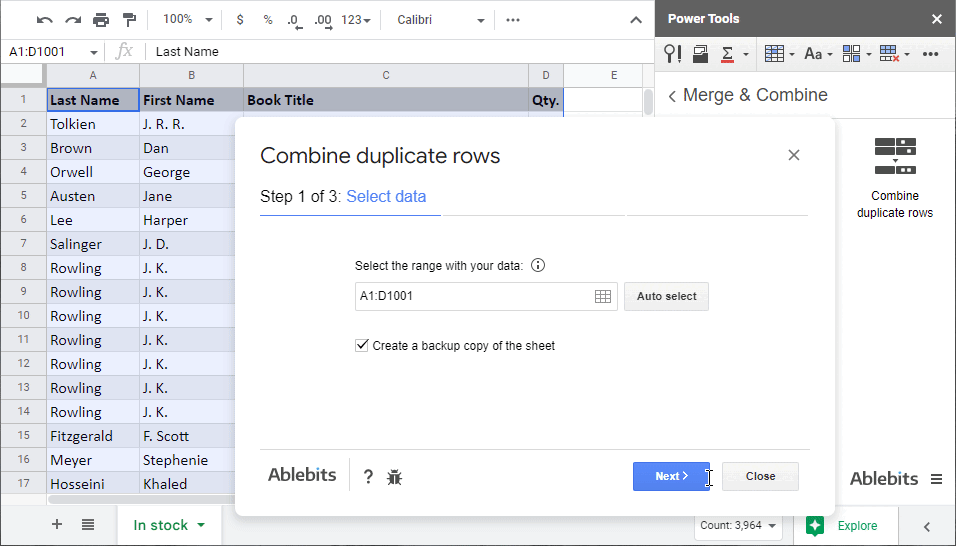 Combine duplicate rows with the add-on for Google Sheets.