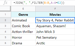 Google Sheets – combine rows with the same value in genre.