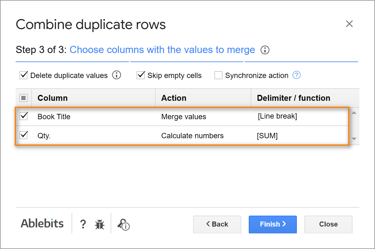 Choose columns with the values to merge.