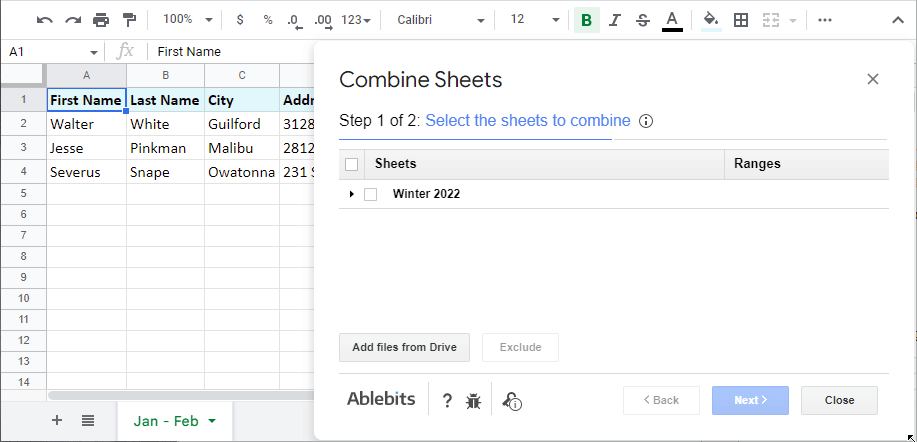 Import data from multiple Google sheets into one with Combine Sheets.