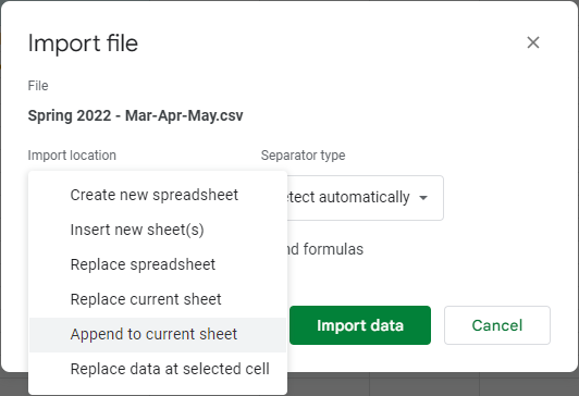 Adjust the options to import sheet.