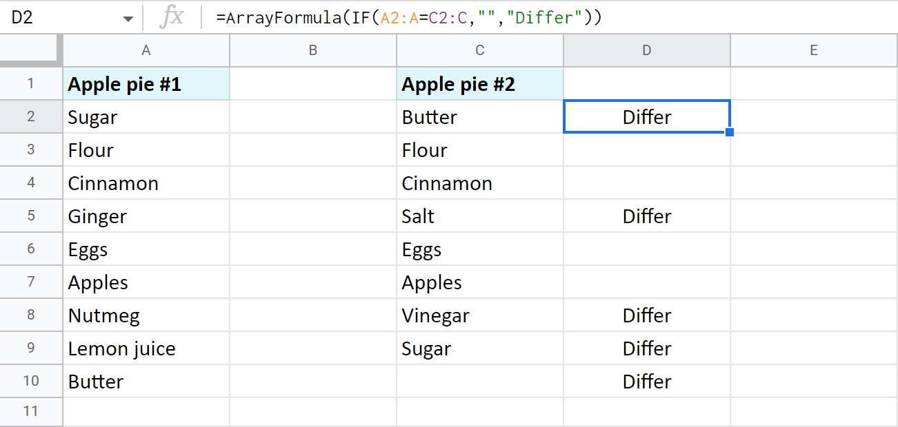 Find differences between two columns with the array function.