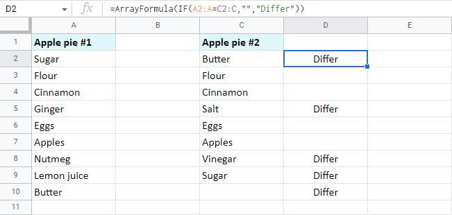 Find differences between two columns with the array function.