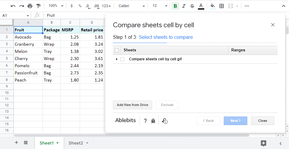 Compare sheets cell by cell add-on.