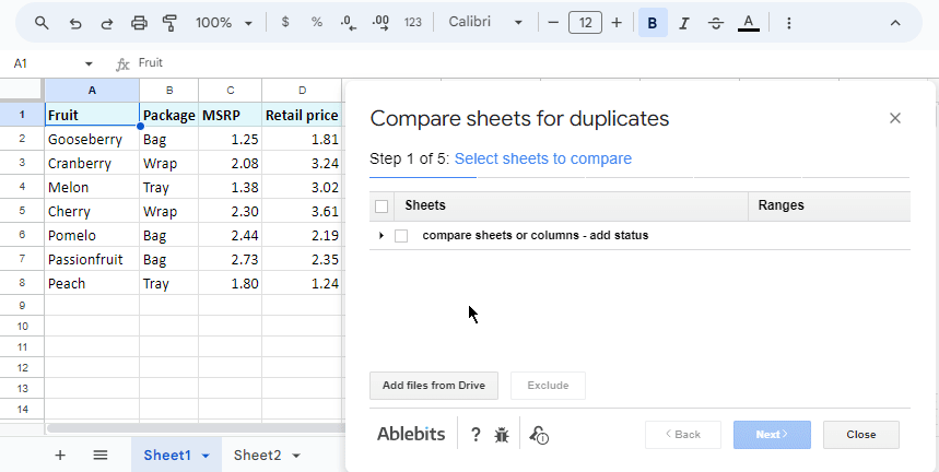 Compare columns or sheets add-on.
