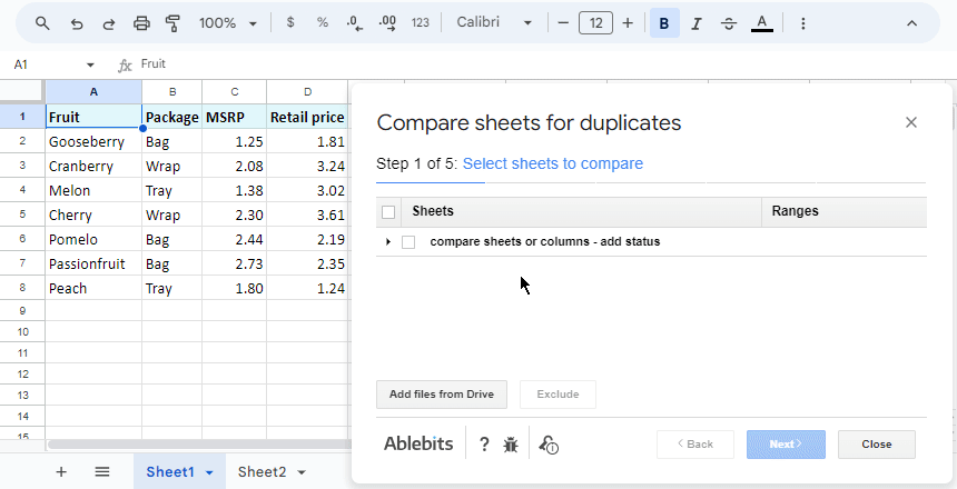 Compare columns or sheets and highlight duplicates.