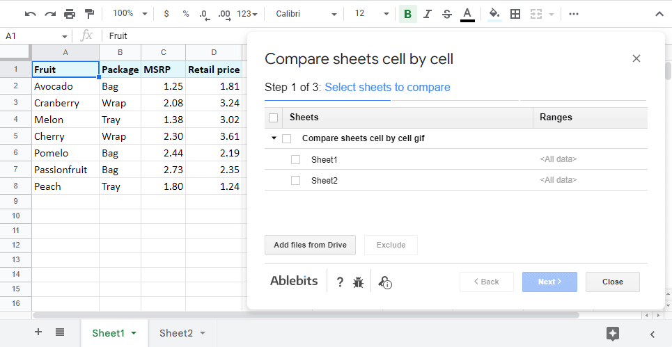 How Compare Sheets Cell by Cell highlights differences.