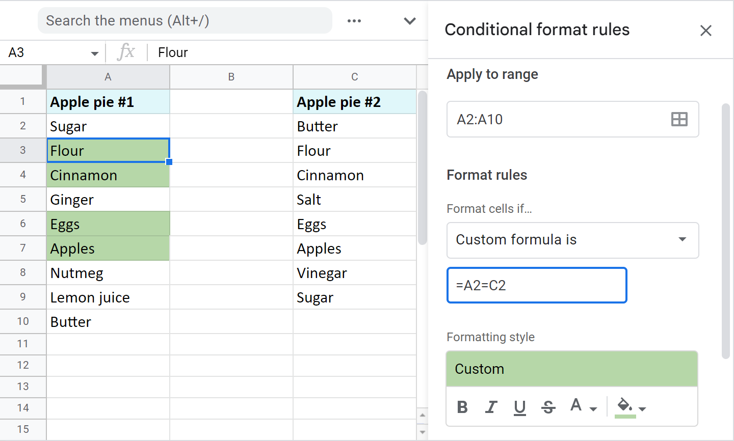 Highlight duplicates in two columns in Google Sheets.