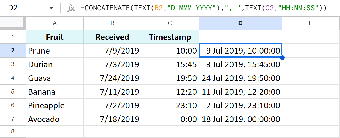 Combine date and time in Google Sheets with other characters & text strings.