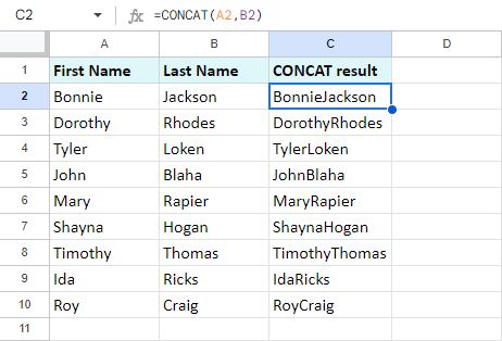 The result of the Google Sheets CONCAT formula.