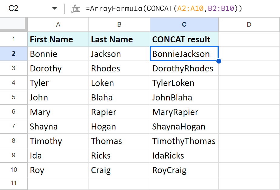Array formula to combine two columns in Google Sheets.