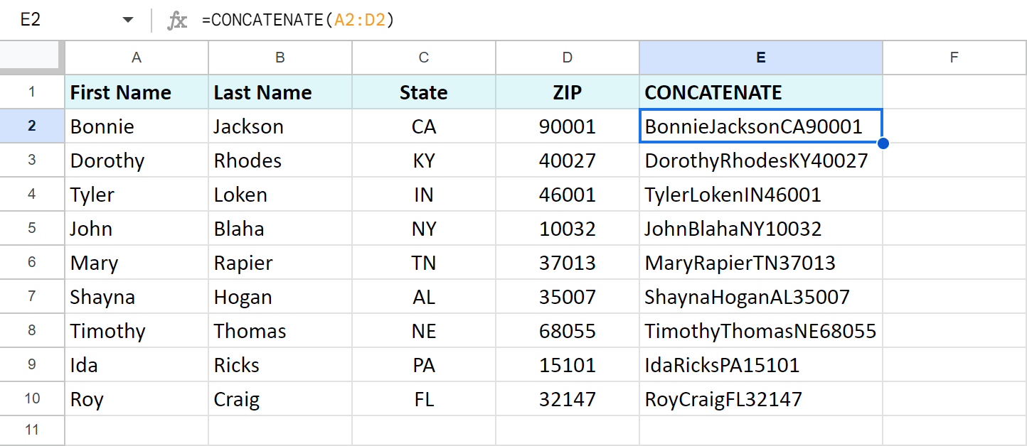 Google Sheets CONCATENATE in use on real data.