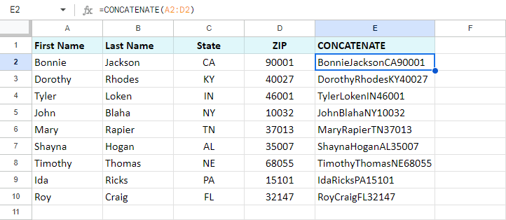 Google Sheets CONCATENATE on real data.