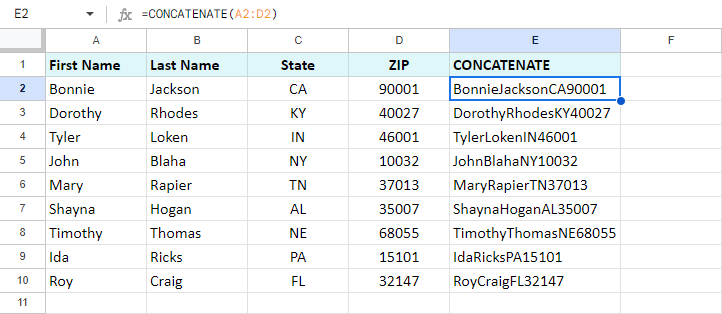 How to merge cells in Google Sheets CONCATENATE formula examples