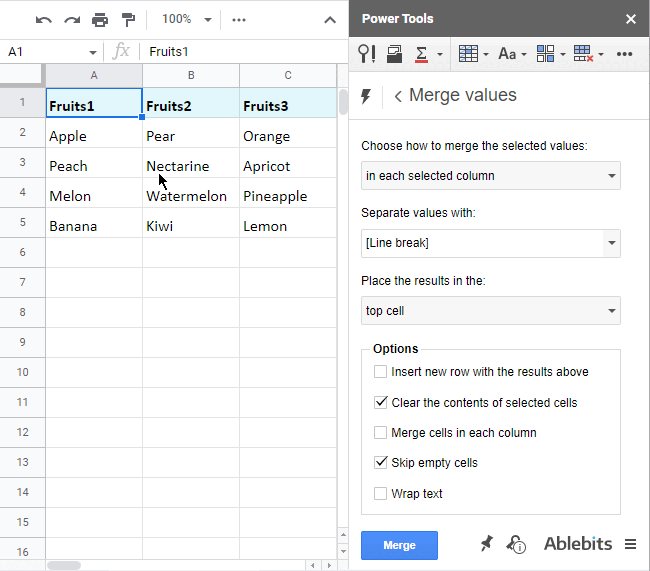 Merge cells in Google Sheets without losing the data.