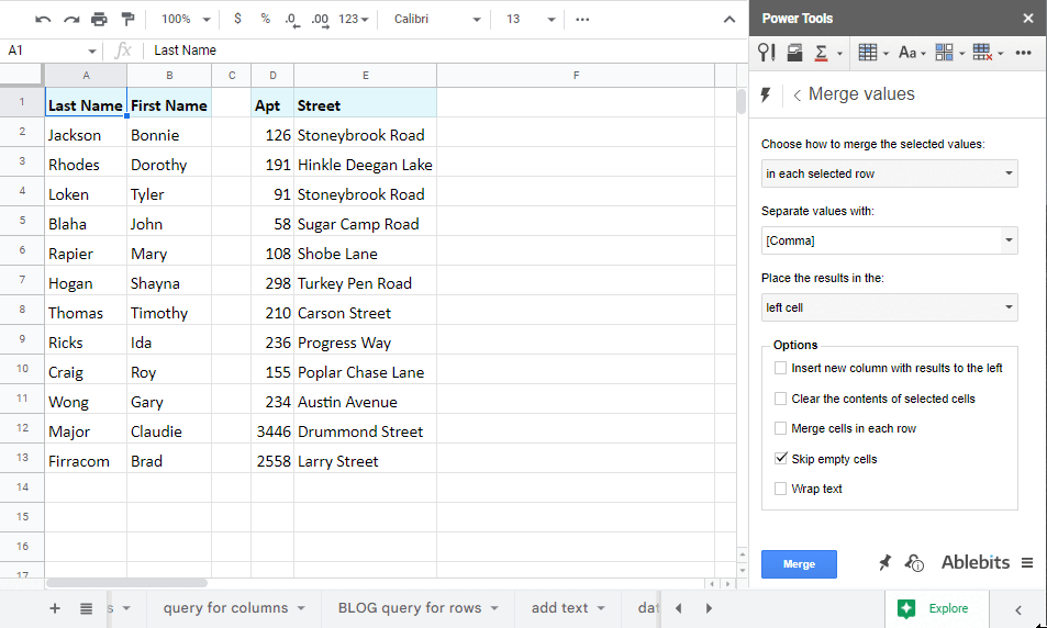 Merge cells horizontally: in each selected row.