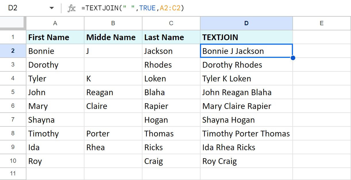 Merge cells in Google Sheets ignoring blanks.