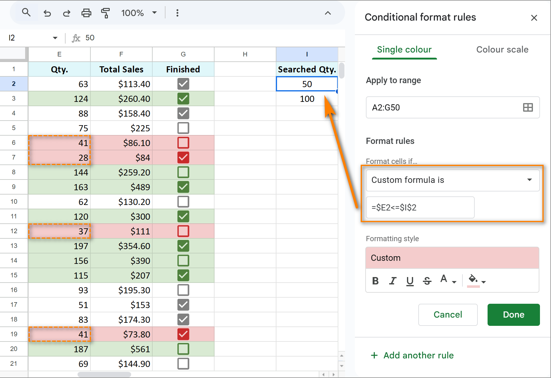 Multiple rules for conditional formatting based on multiple other cells in Google Sheets.