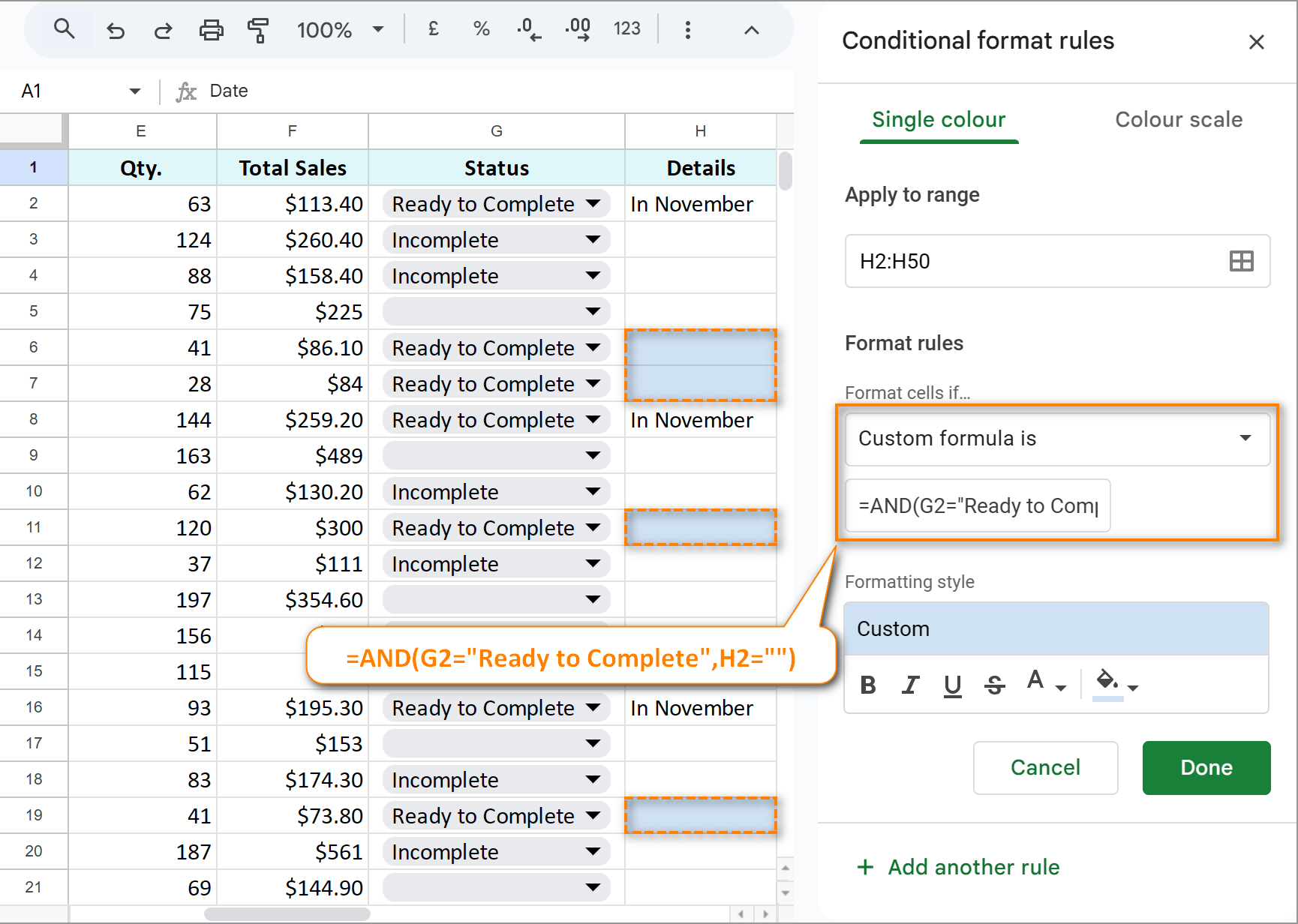 Format cells if blank and if other cells contain required text.