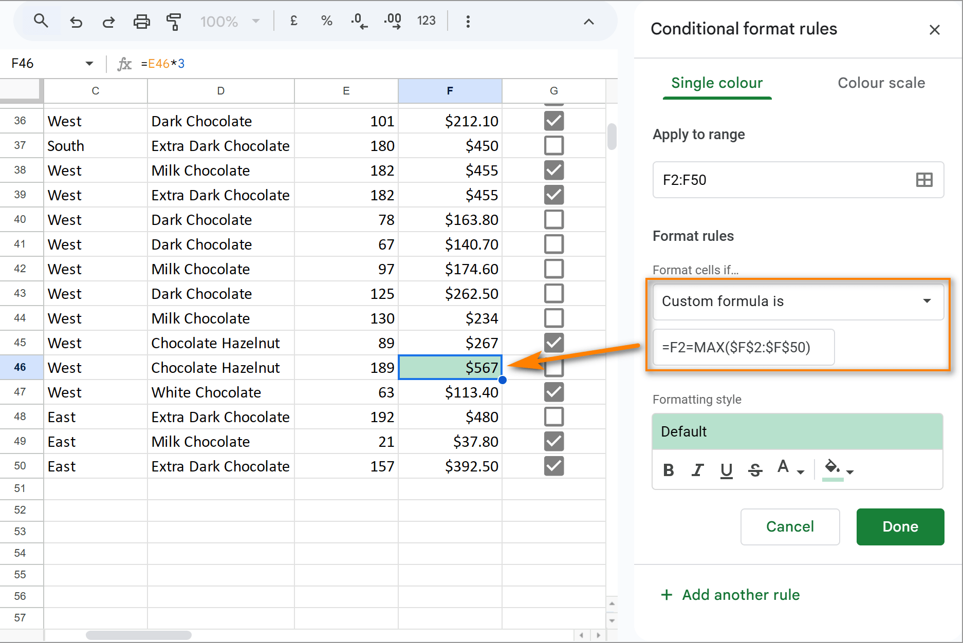 Conditional formatting for max value in Google Sheets.