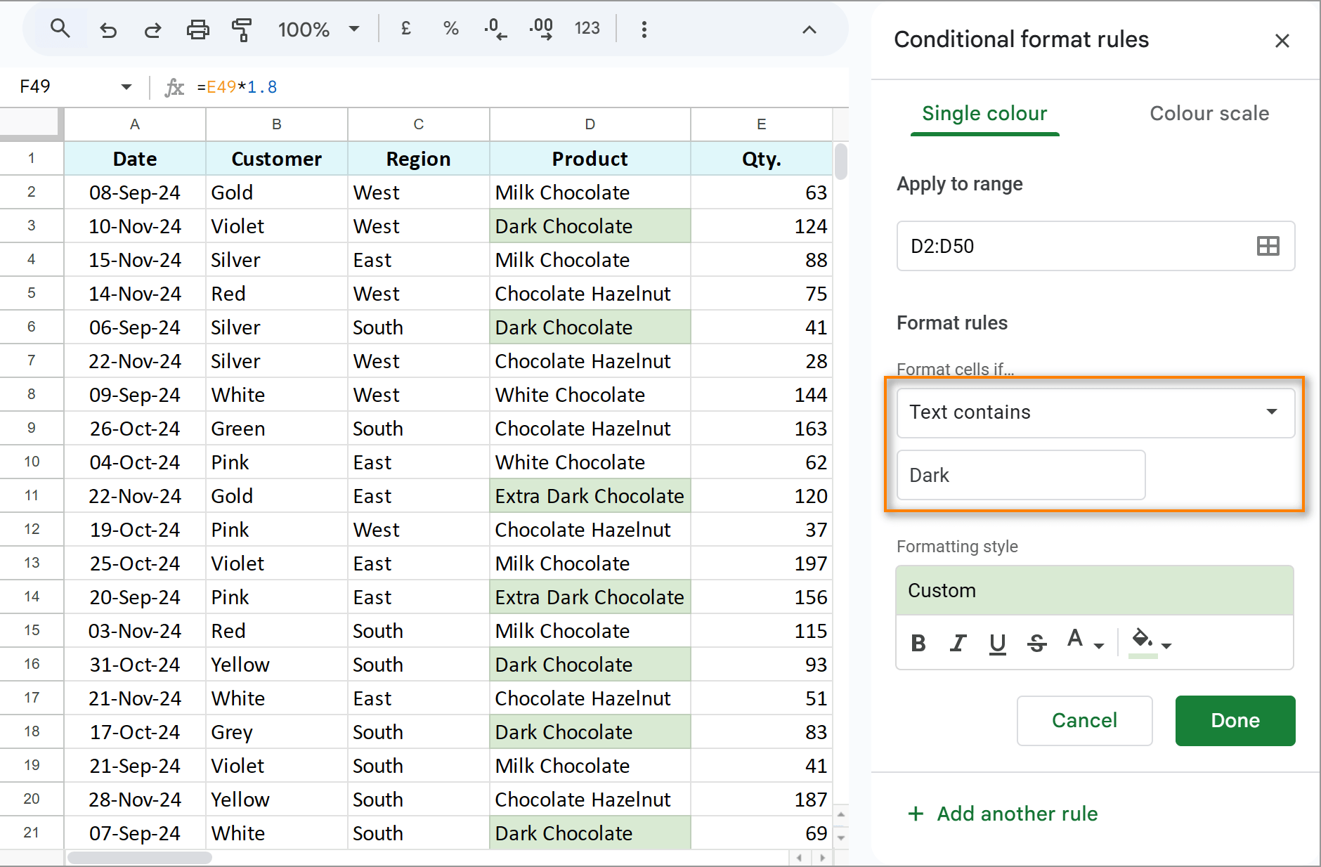 Conditional formatting rule if cell contains text in Google Sheets.