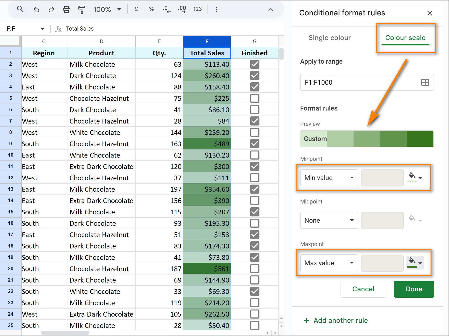 Use color scales to format numbers in Google Sheets.