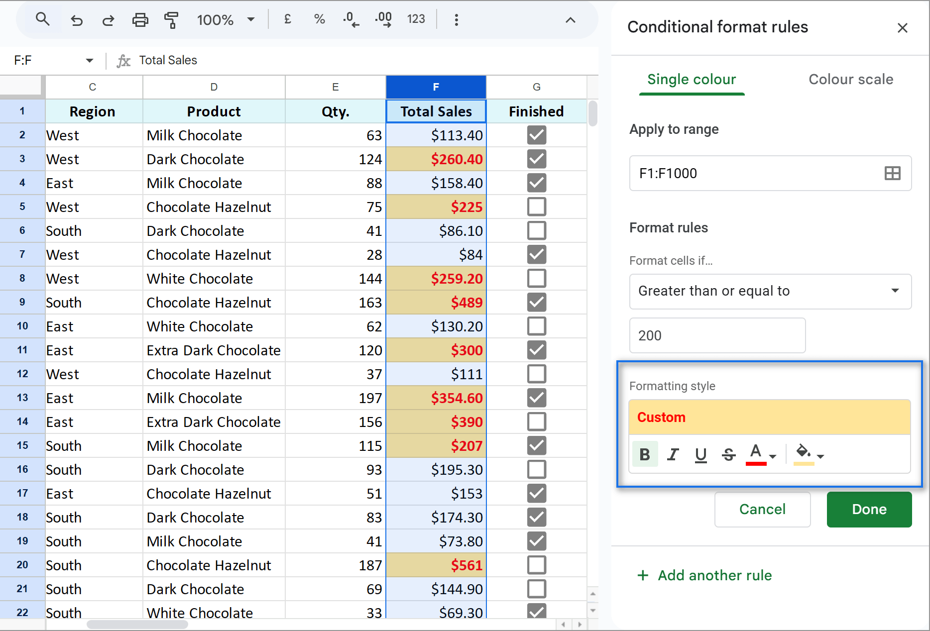 How to do conditional formatting by numbers in Google Sheets.