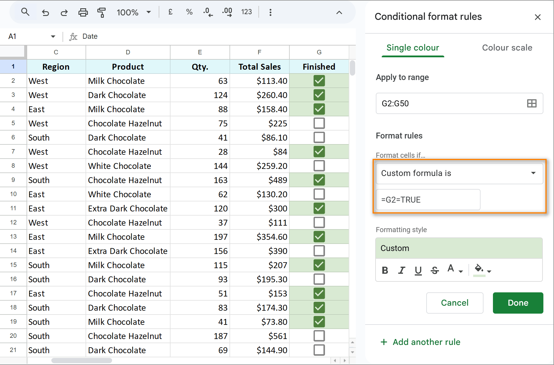 Google Sheets checkboxes formatted by conditional formatting.