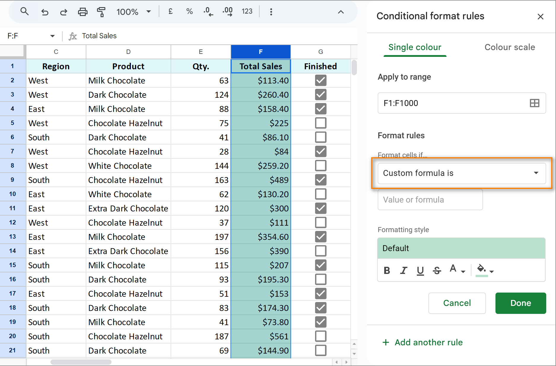 Google Sheets lets you create conditional formatting rules using custom formulas.