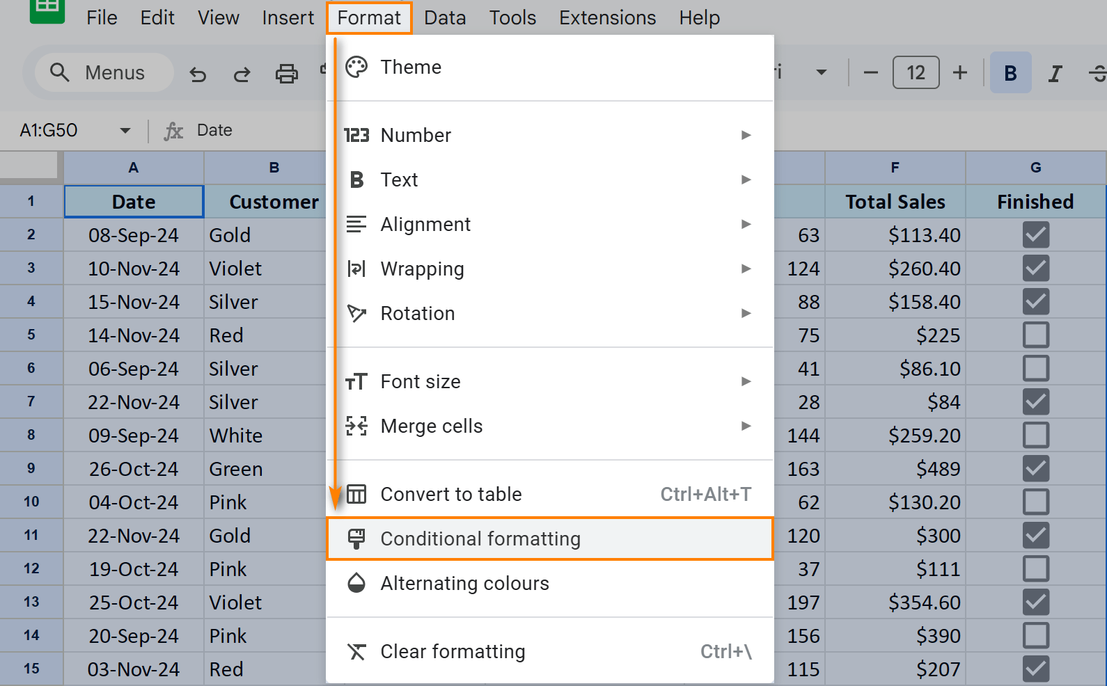 Where to find the option in the spreadsheet menu.