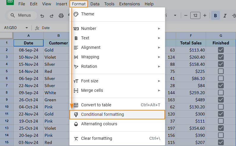 Find Conditional formatting item in the standard Google Sheets menu