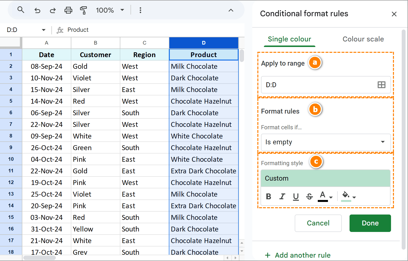 All settings you'll need to adjust to do conditional formatting in Google Sheets.