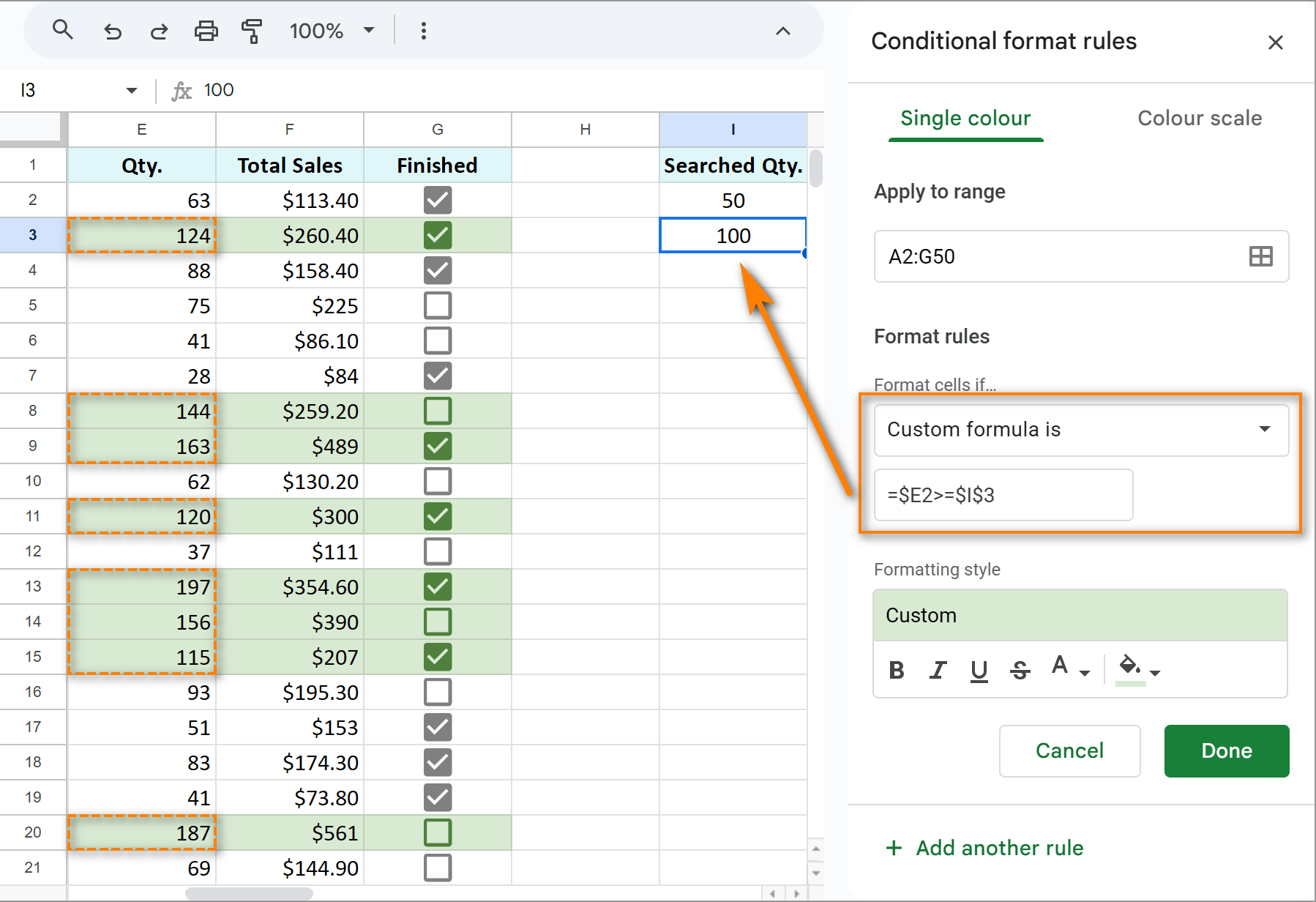 Create conditional formatting in Google Sheets based on another cell value.